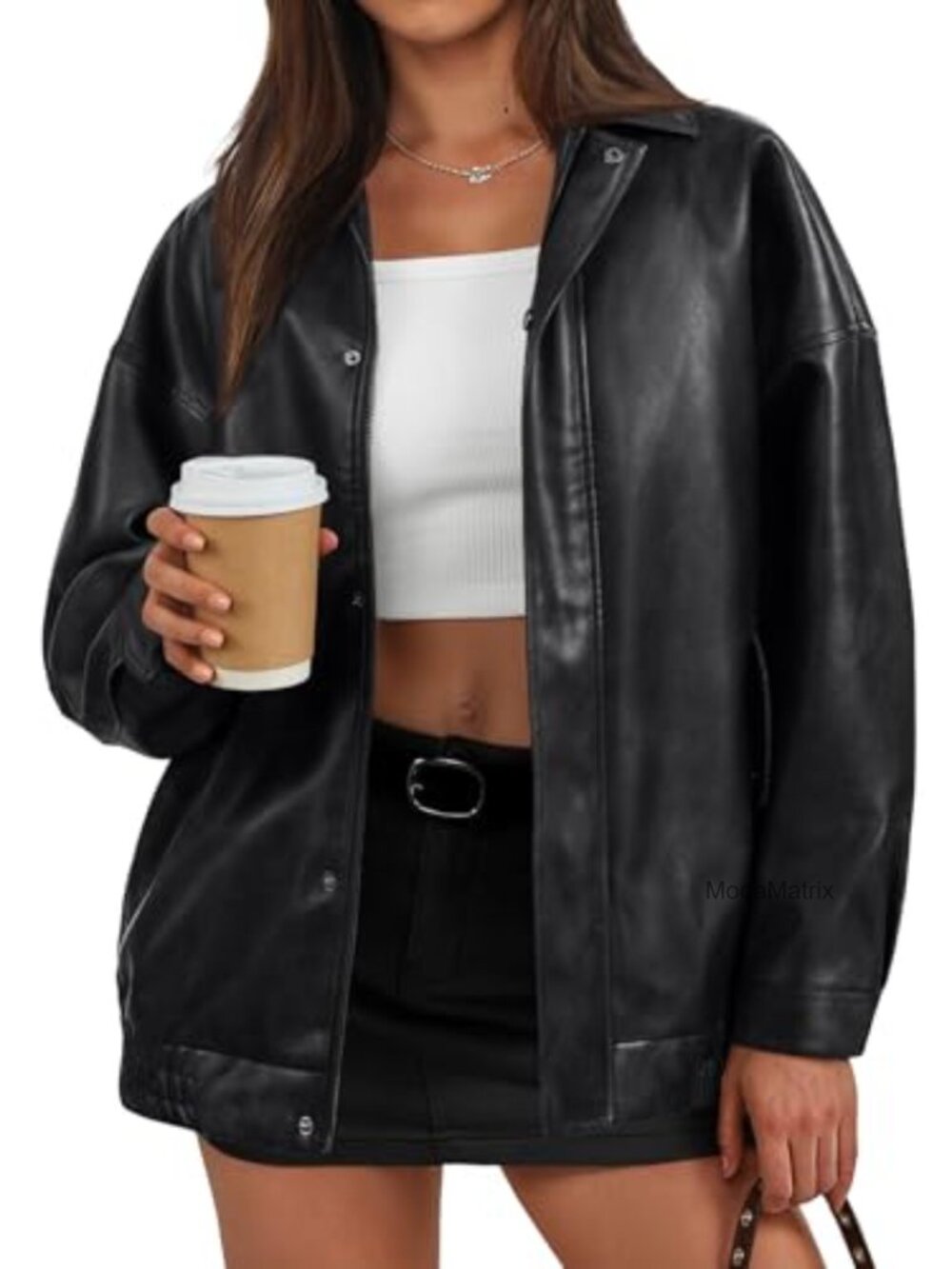 Oversized Faux Leather Jacket Textured Bomber Zip Coat Water-Resistant